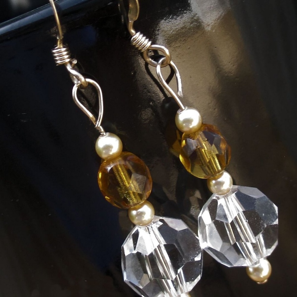 Crystal Pearl 14K Gold Plated Earrings Handmade - Picture 6 of 6